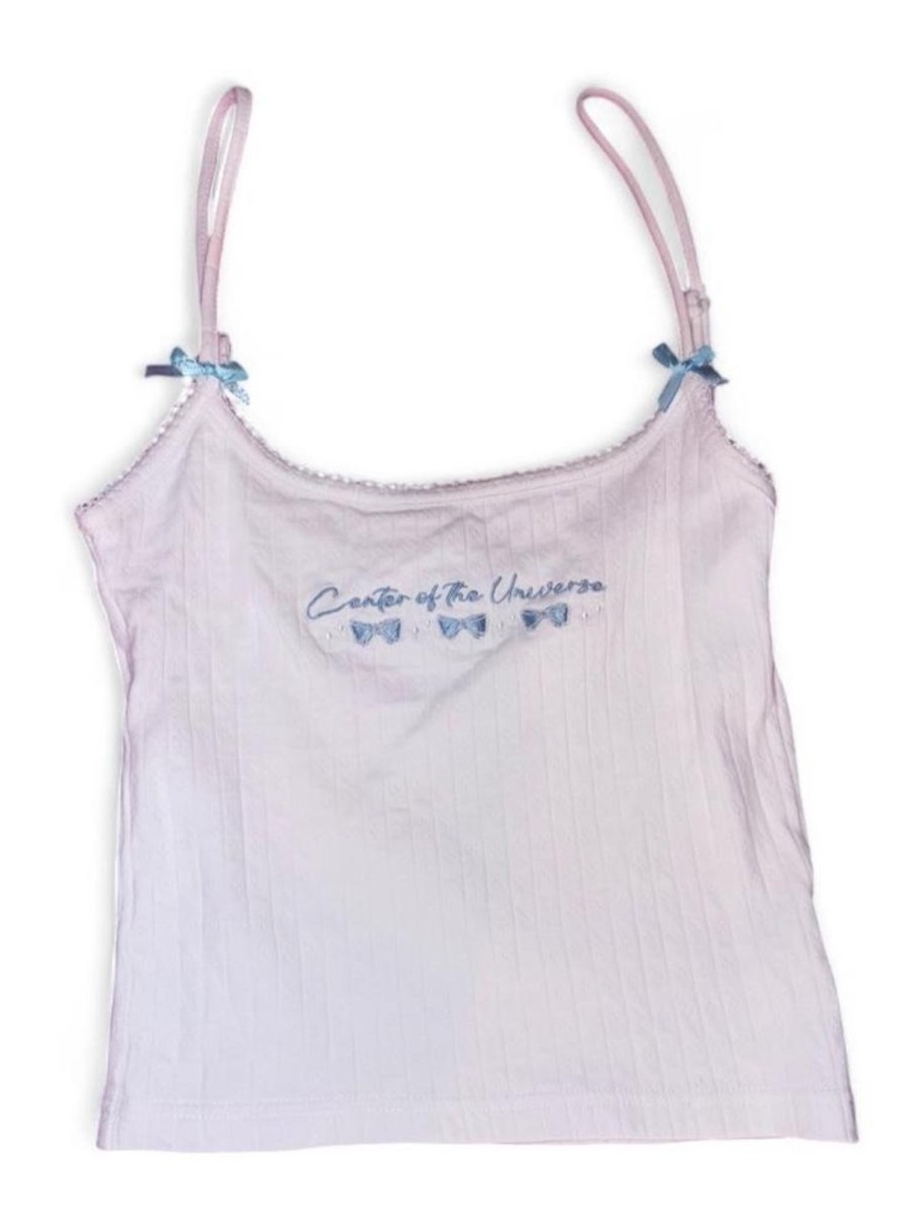 White tank top with blue text reading 'Center of the Universe’